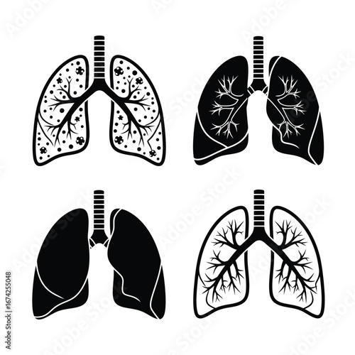Vector art of set of four black and white illustrations of human lungs