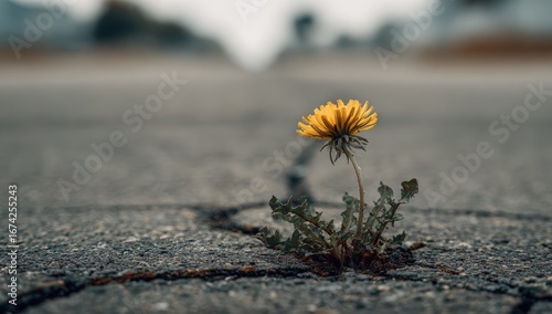 Fototapeta Naklejka Na Ścianę i Meble -  A single dandelion pushes through cracked pavement