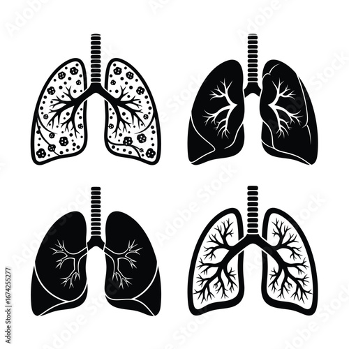 Vector art of four stylized black and white icons representing human lungs