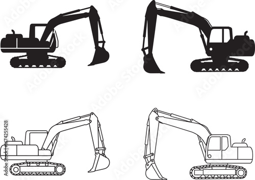 Four Line Art and Silhouettes Excavator Icons