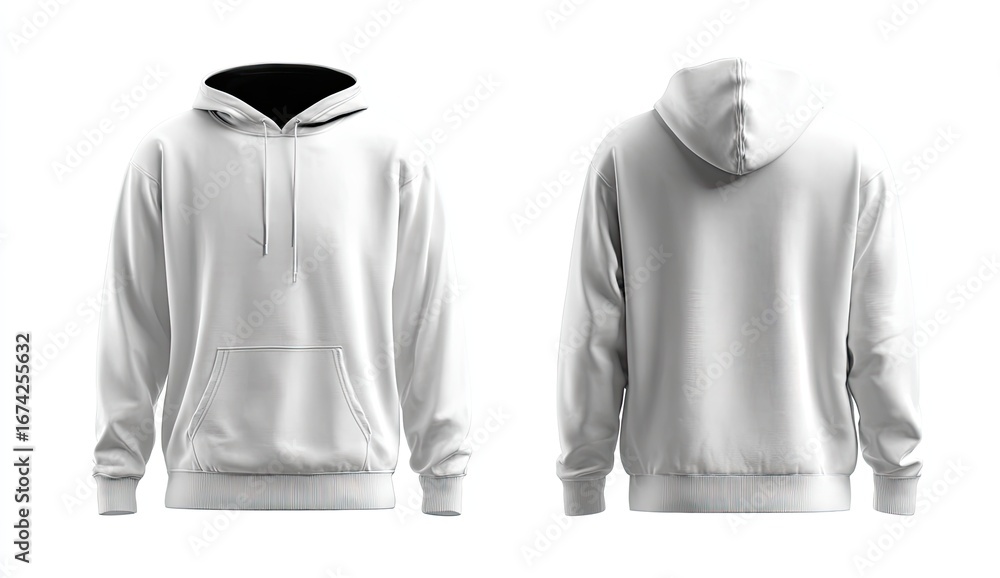 Plain white hooded sweatshirt. Front & back views against white. Mockup Plain white hooded sweatshirt. Front & back views against white. Mockup