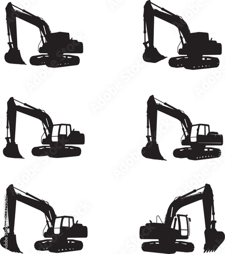 Six Silhouettes of Excavators in Different Positions