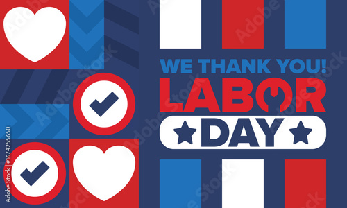 Happy Labor Day. Public federal holiday, celebrate annual in United States. American labor movement. Patriotic american elements. Poster, card, banner and background. Vector illustration