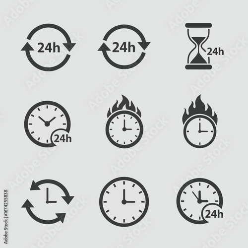 Vector art of collection of 24 hour service icons, including clocks, hourglasses, and circular arrows, representing time and availability
