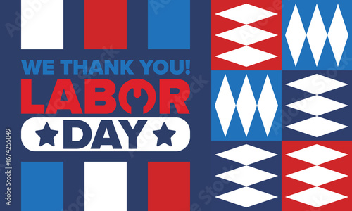 Happy Labor Day. Public federal holiday, celebrate annual in United States. American labor movement. Patriotic american elements. Poster, card, banner and background. Vector illustration
