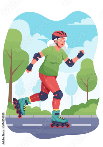 Active senior woman rollerblading joyfully in a park setting