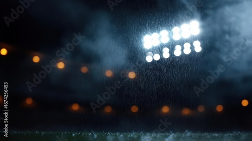 Illuminated stadium in torrential rain showcases unwavering energy under adverse weather conditions