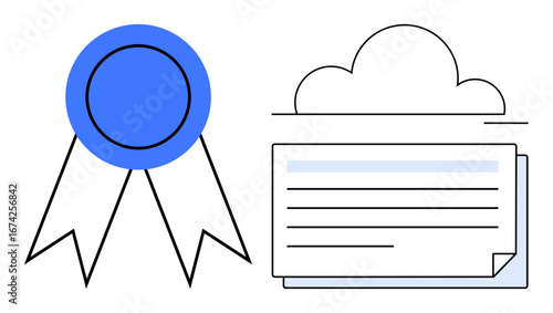 Blue award ribbon beside outlined cloud and document implies recognition, certification, and cloud-based storage. Ideal for education, achievement, cloud technology, data security, online access