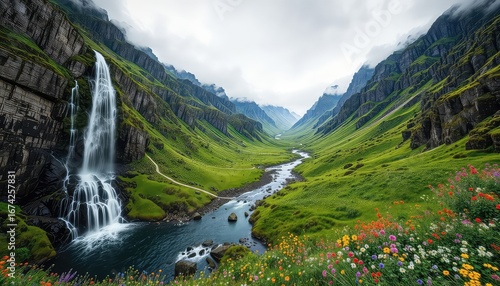 Waterfall cascading into a river running through a vivid green valley surrounded by steep rock formations and mountain slopes