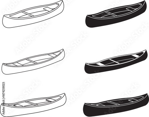 Set of Canoe Line Art and Silhouettes Style