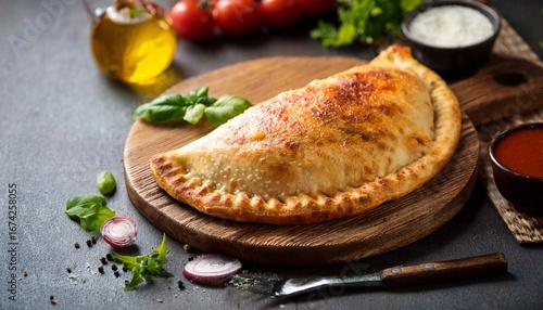 delicious homemade calzone pizza with fresh ingredients on rustic wooden board
