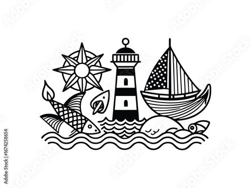 Nautical theme stamp with lighthouse sailboat compass fish and waves for maritime projects