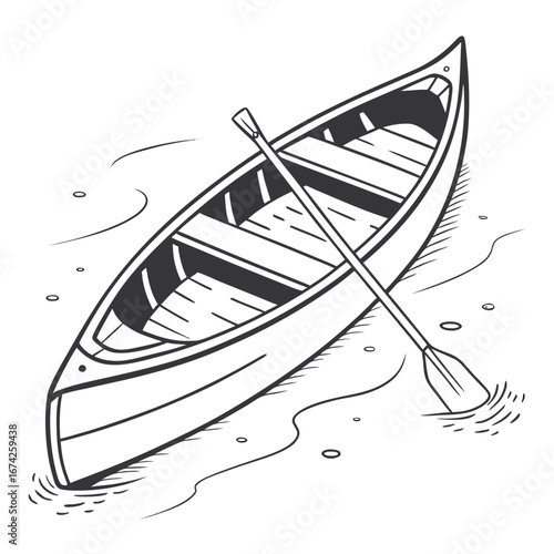 A black and white illustration of a canoe with a paddle resting inside on calm water