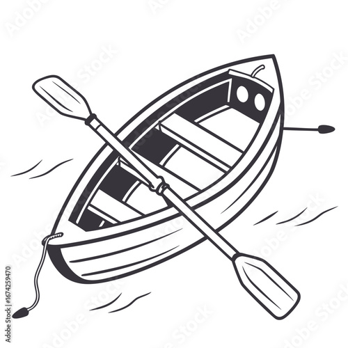 A black and white illustration of a rowboat with oars resting inside floating on gentle waves
