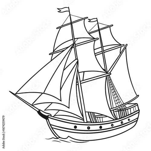 A black and white line drawing of a majestic three masted sailing ship with full sails on the ocean