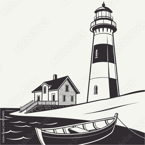 A classic lighthouse stands tall next to a quaint coastal house with a rowboat moored nearby