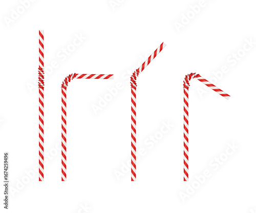 Realistic color drinking straw. Plastic paper bendy pipes for beverages. Flexible bar liquid sucking accessories. Tubes for juice or soda. Vector