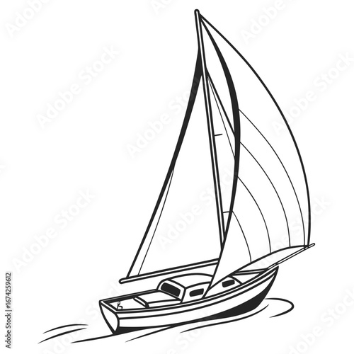 A minimalist black and white line drawing of a sailboat with full sails moving through the water
