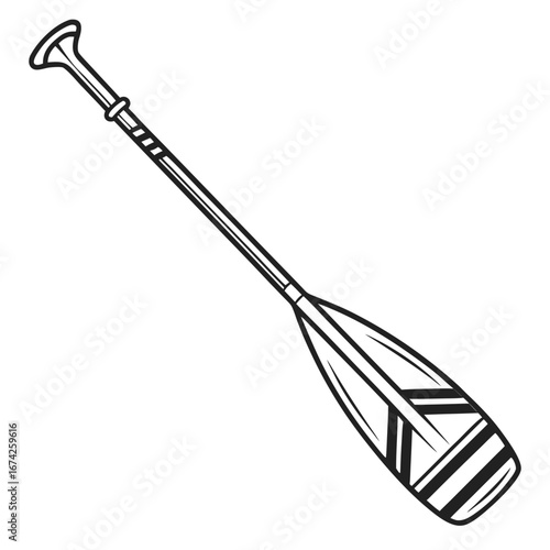 A simple black and white illustration of a canoe paddle with a wide blade and a t grip handle