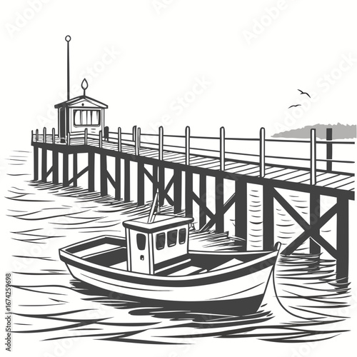 A solitary fishing boat floats gently on the water next to a wooden pier with a small structure