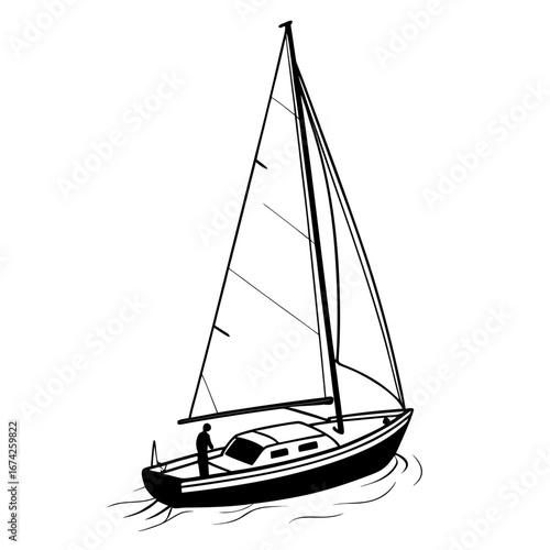 Black and white illustration of a single person sailing a sailboat on calm water