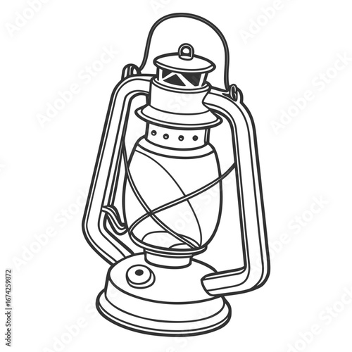 Classic kerosene lantern with a metal handle and glass globe in a simple line art drawing