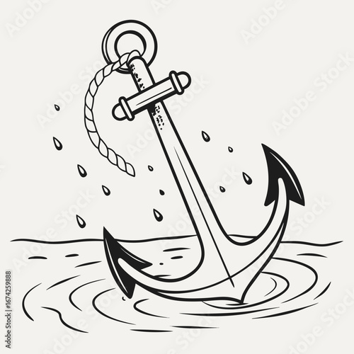 Classic nautical anchor with rope submerged in water with droplets falling