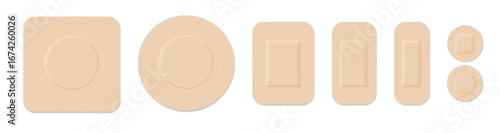 Medical plasters. Bandages set. Adhesive bandage for first aid for wounds operations and skin injuries. Protecting open wound from infection. Vector