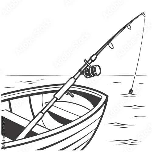 Fishing rod and reel set in a rowboat on the water with a line in the sea
