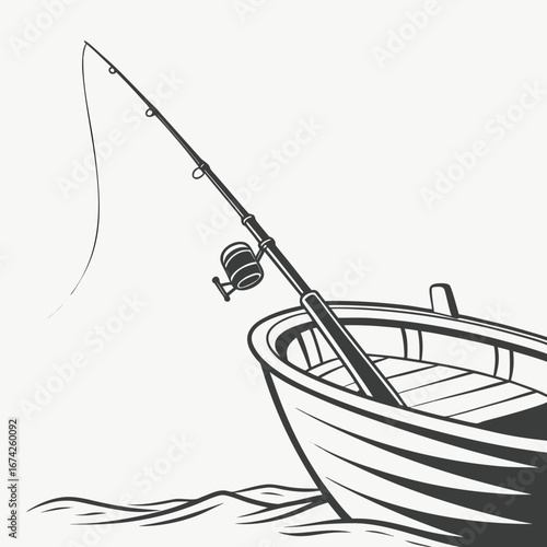 Fishing rod and reel set up in a wooden rowboat on wavy water