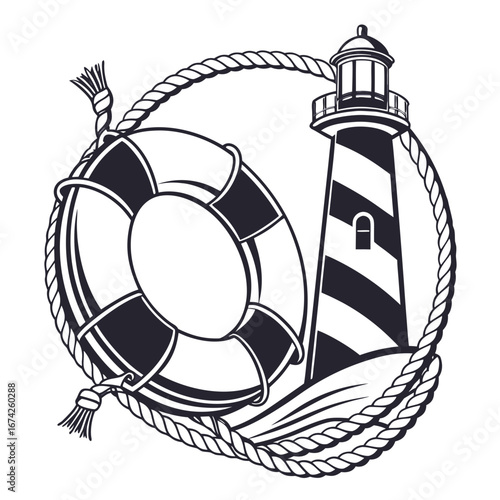 Nautical emblem featuring a lighthouse life preserver and rope on stylized waves