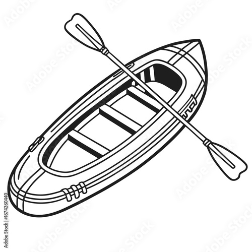 Simple black and white line art illustration of a kayak with a paddle across it on a white background