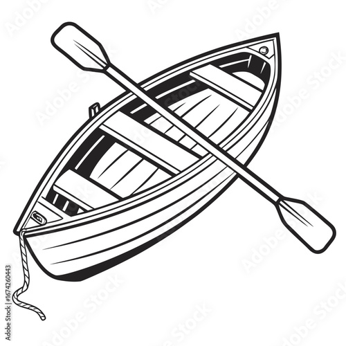 Simple black and white illustration of a wooden rowboat with oars resting inside on a white background