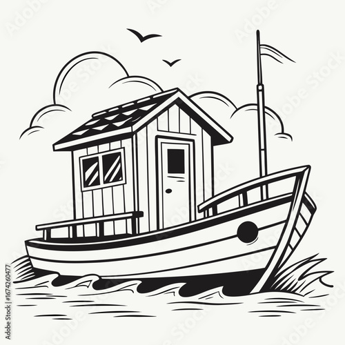 Stylized black and white illustration of a charming wooden fishing boat with a cabin sailing on wavy water under a cloudy sky with birds