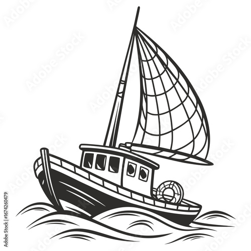 Stylized black and white illustration of a fishing boat sailing on wavy water with a single sail