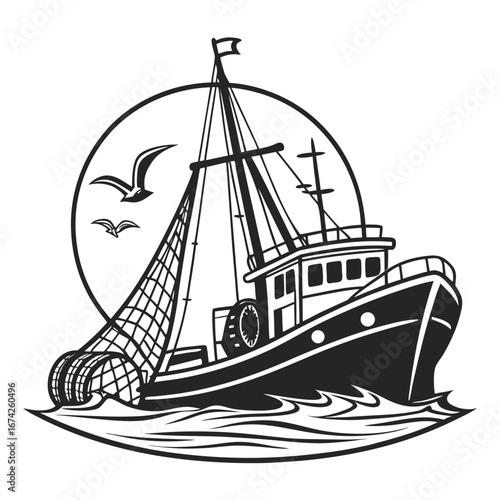 Stylized black and white illustration of a fishing trawler boat at sea with nets and seagulls