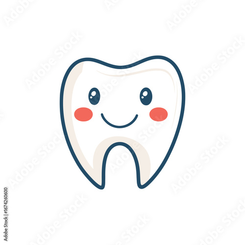 Cartoon tooth with a smile and rosy cheeks isolated on a white background in a simple illustration