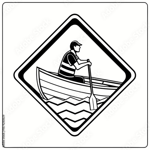 Stylized black and white illustration of a person rowing a canoe through wavy water inside a diamond shape