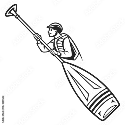 Stylized black and white illustration of a person wearing a life vest and cap paddling with a large oar