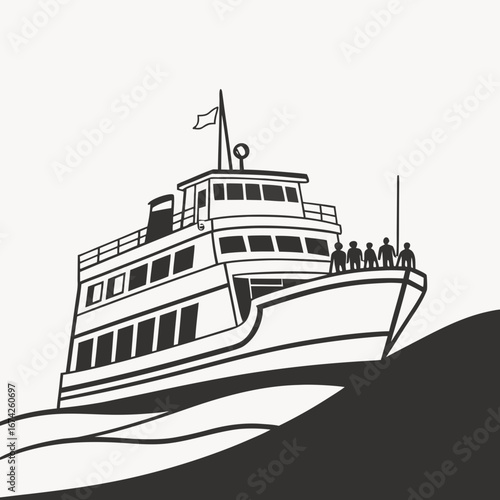 Stylized illustration of a passenger ferry boat with people on deck sailing on wavy water