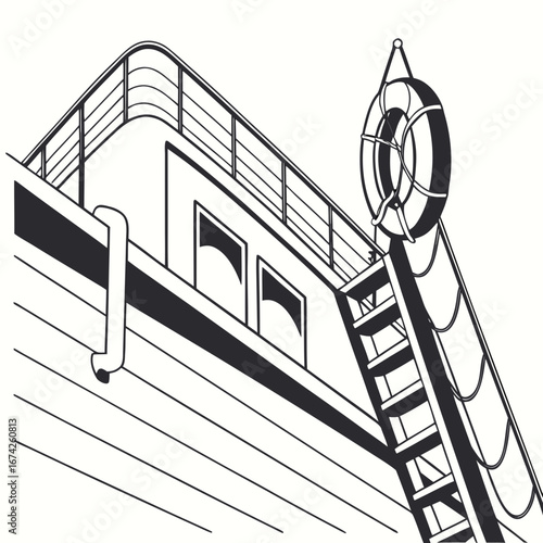 Vintage illustration of a ship s railing and a life preserver hanging near a ladder