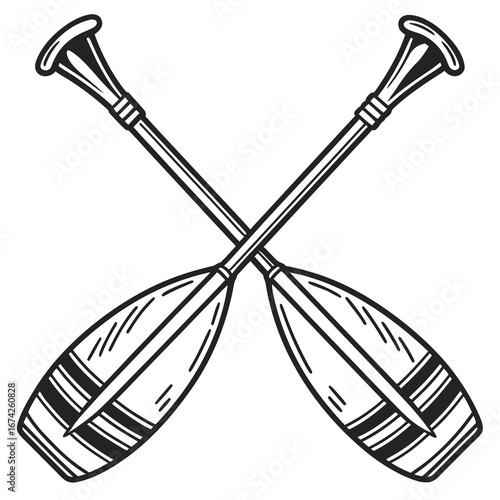 Two crossed canoe paddles illustrated in a simple black and white line drawing style