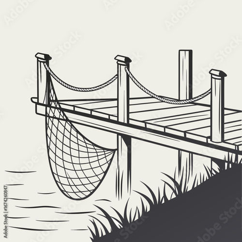 Wooden pier with ropes and fishing net hanging over calm water and grassy bank