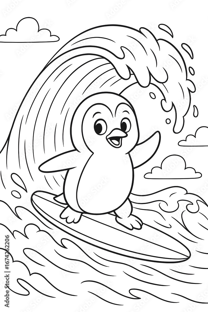 Fototapeta premium Cartoon penguin surfing on ocean wave, cute animal coloring page illustration for kids.
