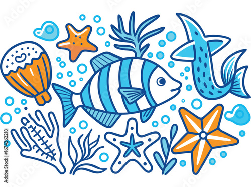 Colorful hand-drawn underwater ocean life with fish starfish shell and coral