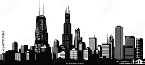 Flat vector illustration of Chicago skyline silhouette, black cityscape view with iconic buildings, Willis Tower, modern architecture, urban downtown style.