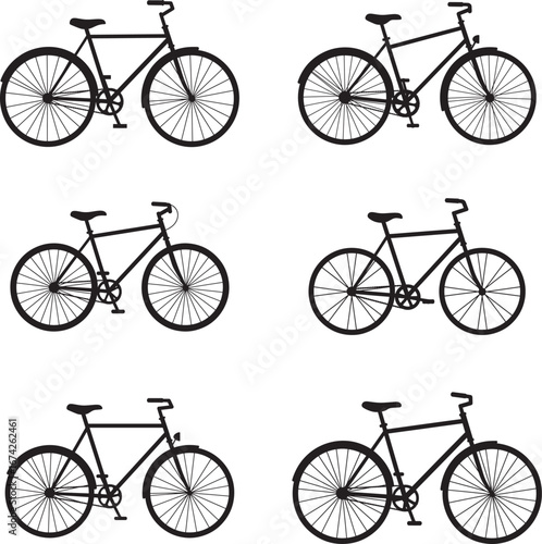 Six Black and White Bicycle Silhouettes Illustrations