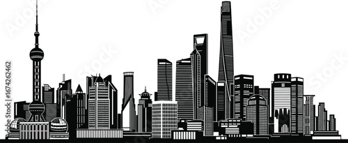 Flat vector illustration of Shanghai skyline, modern Chinese cityscape, famous buildings, Oriental Pearl Tower, black silhouette, urban architecture art.