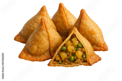 Crispy Indian Samosa with Potato and Green Pea Filling Isolated on White Background