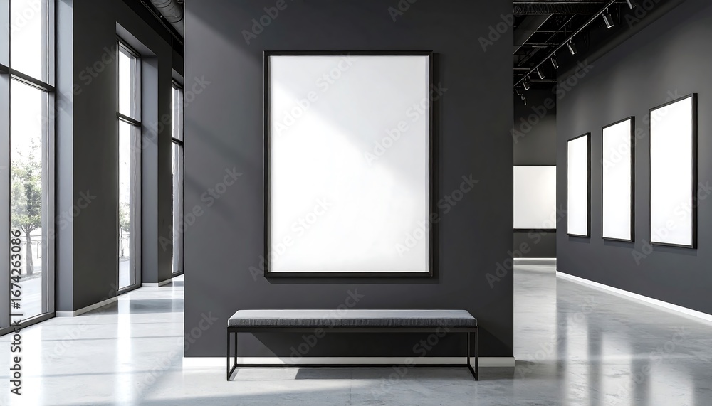 Fototapeta premium Interior view of an art gallery with blank white frames on a dark wall, bench, and large windows.
